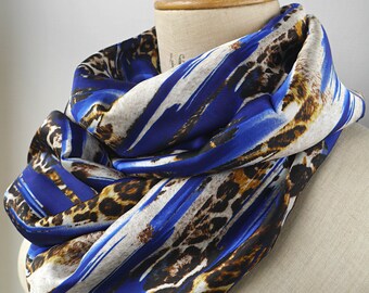 leopard print satin infinity scarf, blue circle scarf with animal print, leopard blue satin cowl, leopard satin infinity scarf