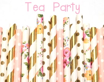 2.85 US Shipping -Floral Paper Straws - Gold foil and Pink and Flower Straws - Cake Pop Sticks - Drinking Straws - Blush Pink