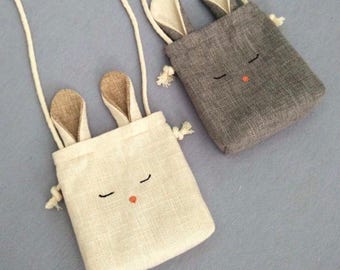 TAM Kids Bunny bag Toddler purse Cross Body Bag , Rabbit and Fox Burlap shoulder bag