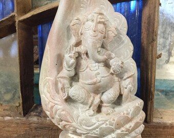 Vintage Indian Hand Carved Good Luck Ganesh Statue Conch Shell Stone Sculpture