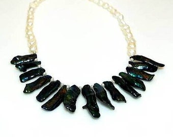 White Green Freshwater Pearl Statement Necklace Baroque Stick Pearl Necklace Bold Beaded Bib Necklace Gifts for Her Necklaces for Women
