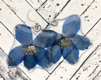 Gardener gift, something blue, real delphinium, Mother's Day gift, pressed flower larkspur earrings, pendant or set