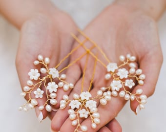 wedding hair pins, pearl hair pins, bridal hair pins, flower hair pins, gold hair pins, floral hair pins - CLAUDETTE (set of 3)