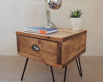 INDUSTRIAL BEDSIDE TABLE VINTAGE RUSTIC HANDMADE RECLAIMED PINE HAIRPIN LEGS