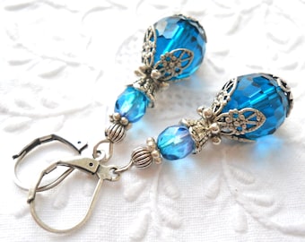 teal victorian dangle earrings teal earrings teal dangle earrings teal and silver vintage style earrings