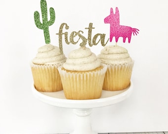 Fiesta Cupcake Toppers / Fiesta First Birthday / Cactus Toppers / Piñata Toppers / Mexican Theme Party Decor / Fiesta Decorations / Uno