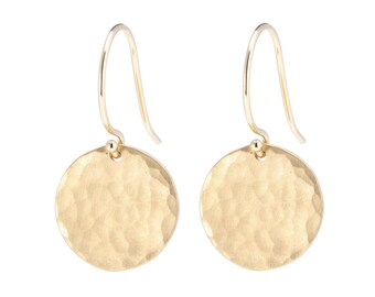 Hammered disc earrings, Solid 14K Gold Earrings, 14K Gold Disc Earrings, Large Textured Disc Earrings, Gift for Her, Gift for Mom