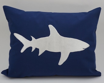 Shark Pillow Cover, Embroidery, Nautical Pillow, Beach decor, Decorative Pillow, Accent Pillow, Fits 12"x16" Insert, Navy, Ready to ship
