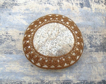 Table Decoration, Crocheted Lace Stone, Handmade, Golden Brown Cotton Thread, Tiny Stitches, Unique Gift, Home Office or Cottage Decor
