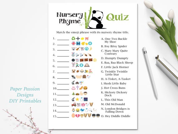 Emoji Nursery Rhyme Quiz Panda Bear Baby Shower Game