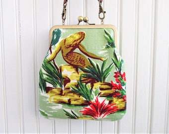 Green Gold Red Flower Mermaid Vintage Barkcloth Fabric 6" Antique Brass Kisslock Frame Crossbody Shoulder Bag Purse
