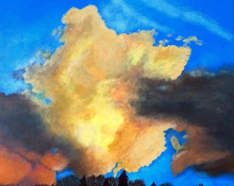 Cloudy sky, painting blue sky and clouds, original acrylic painting on canvas