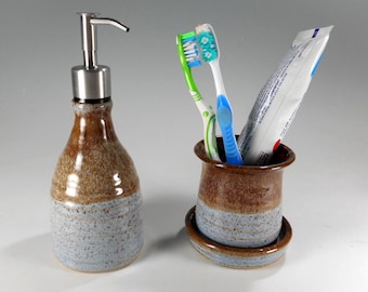 Ceramic toothbrush holder soap dispenser bathroom accessory set, pottery soap pump, stoneware lotion pump, stainless pumper