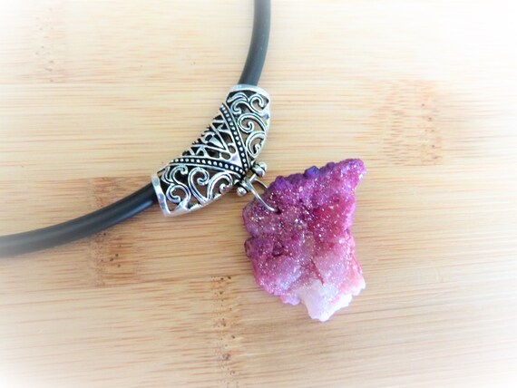 Ombre Pink Titanium Opal Aura Druzy Quartz Crystal Choker Necklace - Rough Raw Geode Crystals - Filigree - Angel AB Aurora Borealis