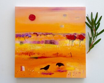 Abstract landscape, Crow art, orange painting, Australian painting, original art, FREE SHIPPING