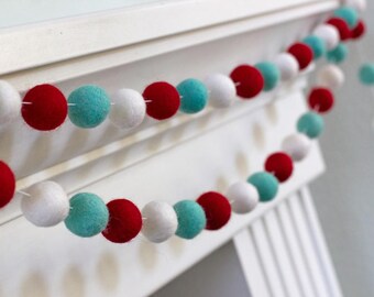 red turquoise white christmas garland felt ball garland christmas holiday decor - Red White And Turquoise Christmas Decor red turquoise white christmas garland felt ball garland christmas holiday decor - Red White And Turquoise Christmas Decor