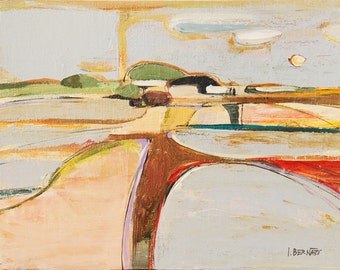 ABSTRACT landscape. Small original PAINTING. Light blue, yellow colours. MODERN painting "Landscape no.7" by Igors Bernats