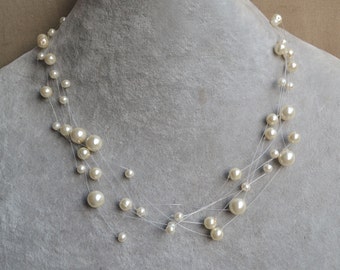 Floating pearl necklace, Multiple strand, Bridesmaid necklace, Ivory Pearl Necklace, 5 Strands Glass Pearl Necklace, Bride Necklace Jewelry
