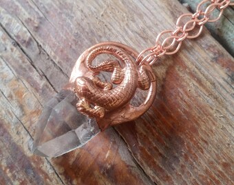 Desert Gecko Quartz Point Copper Healing Necklace. Electroformed pendant. Unique Crystal Jewelry.