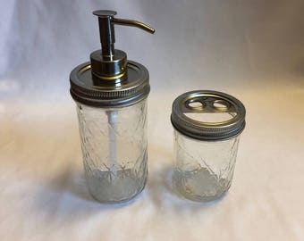 Soap Dispenser and Toothbrush Holder Jelly Jar Set
