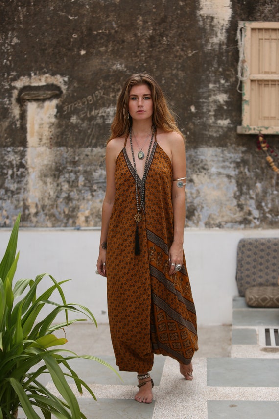 SOUL SHINE JUMPSUIT - Indian Floral - Block print - Handmade - Vintage Sari fabric - Festival - Hippie - Halterneck - Couture - Upcycled