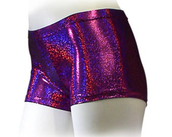 Booty shorts. Nylon Spandex Girls Holographic Dance Shorts. Pink glittery booty fit shorts with sparkle. Wear them for dance and gymnastics.