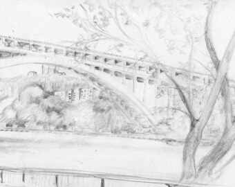 Bridge from northern Manhattan park - Inwood - print of an original pencil drawing - approx 8 x 10 inches
