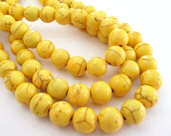 Yellow Howlite Beads - Yellow Round Smooth Stone Beads - Dark Matrix Stone - Drilled Turquoise - DIY Summer Jewelry - 10mm - 16" Strand