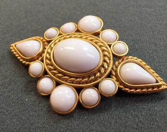Large Vintage Gold-tone Brooch with White Cabochon Stones-1980's. Signed TAT. Fabulous! Free shipping