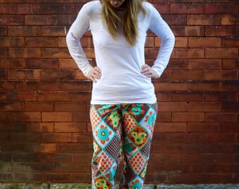 Women's Vintage Cotton Wide Leg Floral Pajama Pants|Low Rise Pants|Plus Size Pants|Loose Fit Pants|Elastic Waist|Casual Pants|Printed Pants|