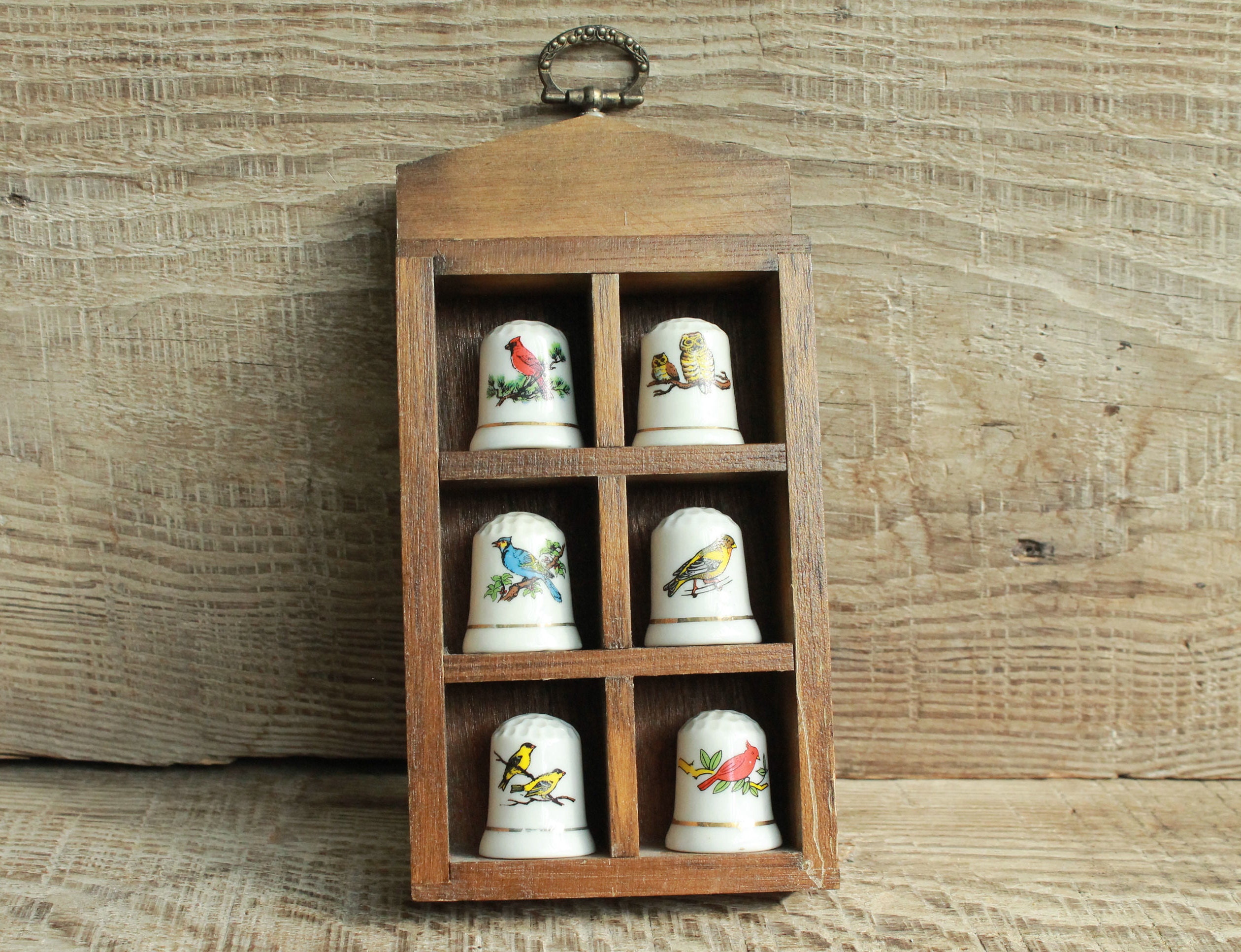 vintage Thimble Display with six thimbles miniature wall