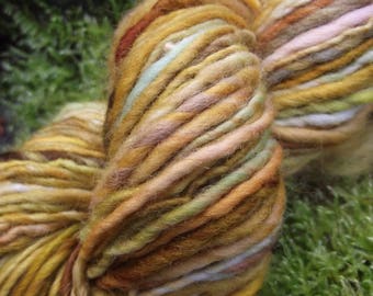 Handspun yarn, Handpainted yarn thick and thin Organic Polwarth merino yarn-Goldberry