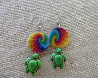 Bright Painted Shell And Green Howlite Turtle Earrings