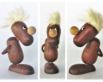 Vintage Danish Teak Wood Figurine, Hans Bolling Like Style with Fur Hair Oak Nose Pessimist Optimist Scandinavian/Denmark Modern Folk Art 3"