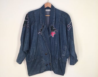 Vintage Batwing Dolman Sleeve Denim Jacket Coat with Leather Patches, Embroidery and Buttons 1980s 1990s