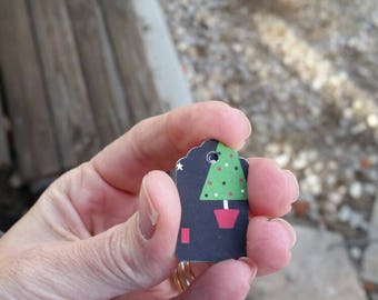 12 Black with Red and Green Christmas Trees Christmas Gift Tags, small favor tags, retail jewelry tags, handmade holiday party favors 1 inch