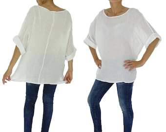 IF300W ladies blouse linen used look tunic 3/4 sleeve one size size 38 40 42 44 46 white
