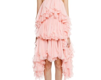 Asymmetrical creppon dress with rich ruffles