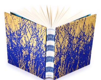 Indigo and Gold Branches Journal - French Link Journal - 144 unlined pages - Handmade by Ruth Bleakley - each book has unique cover pattern