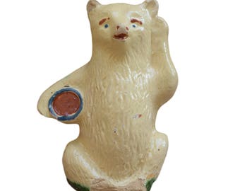French Antique Terracotta Still Bank Penny Bank Money Box - French White Bear Musician Figural Coin Bank - Children Money Bank