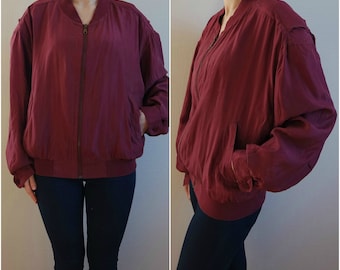 Vintage Bomber Jacket, Silk Jacket, Wine Red Jacket, Men's Blouson, 1980s, Size S