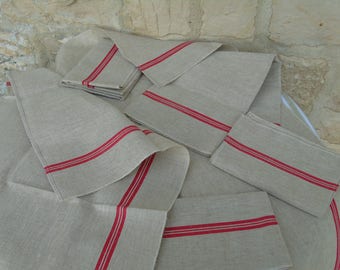 Huge, French, new unused ( old stock) vintage, linen torchon in ecru with double red stripes to each vertical side.
