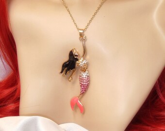 Mermaid Necklace, Mermaid Pendant, Ariel Necklace, Rhinestone Mermaid Pendant