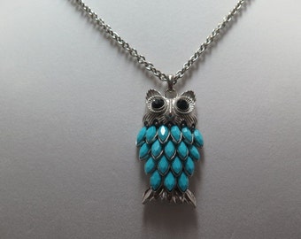 Cute Silver Tone and Turquoise Owl Necklace
