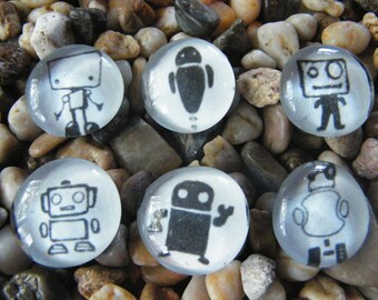 Robot Doodles Glass Pebble Magnets