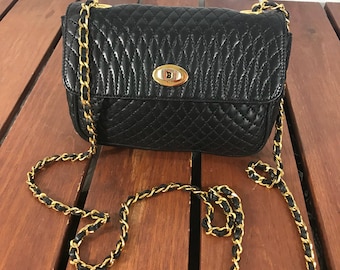 BALLY Authentic Vintage Quilted Black Leather Chain Link Crossbody Shoulder Bag Made in Italy