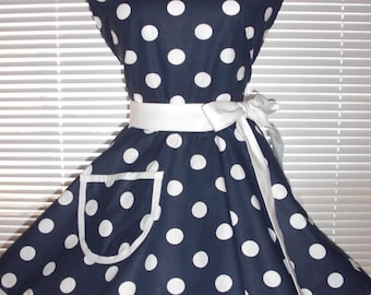 Pinup Sweetheart Retro Apron Navy Blue White Polka Dots Circular Flirty Skirt