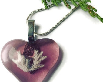 Heart Necklace, Pink Heart Pendant, Love Necklace, Pink Heart, Fossil, Science jewelry, Glass Heart, Fused Glass Necklace, Valentines Gift