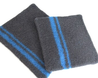 Set of Large Felted Wool Trivets Pot Holders, Charcoal Gray Bright Blue Wool Hot Pad Set, Knit Felted Trivet Set, Gray Wool Pot Holder