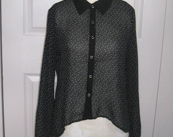 sheer blouse . sheer black blouse . polka dot blouse . high-low black blouse
